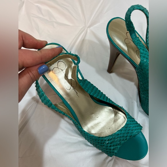 Turquoise Teal Snakeskin Leather Upper Peep Toe Sling Back Wooden Platform Heels - Picture 5 of 7